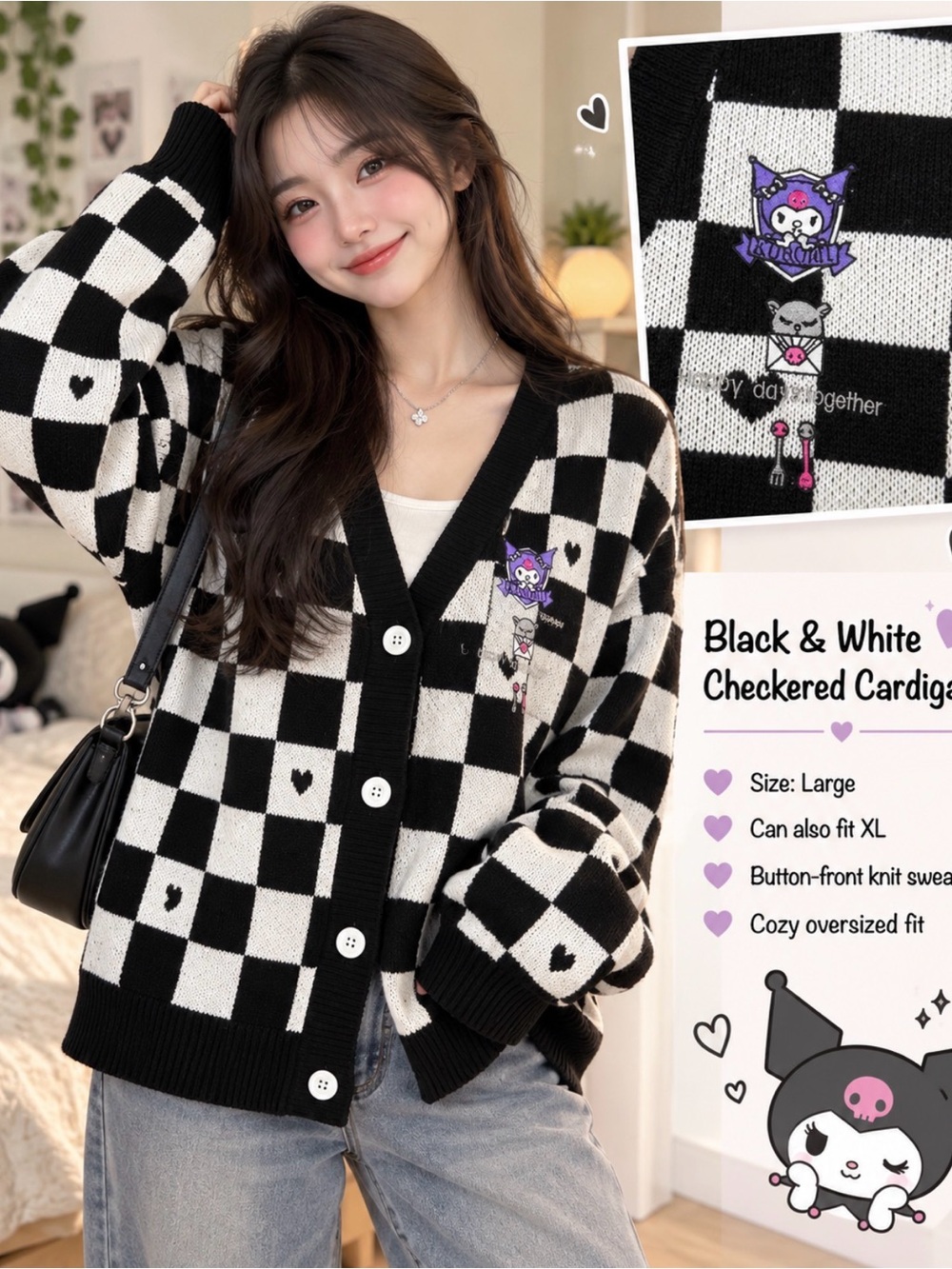 Sanrio Black & White Checkered V-Neck Cardigan with Character Patch